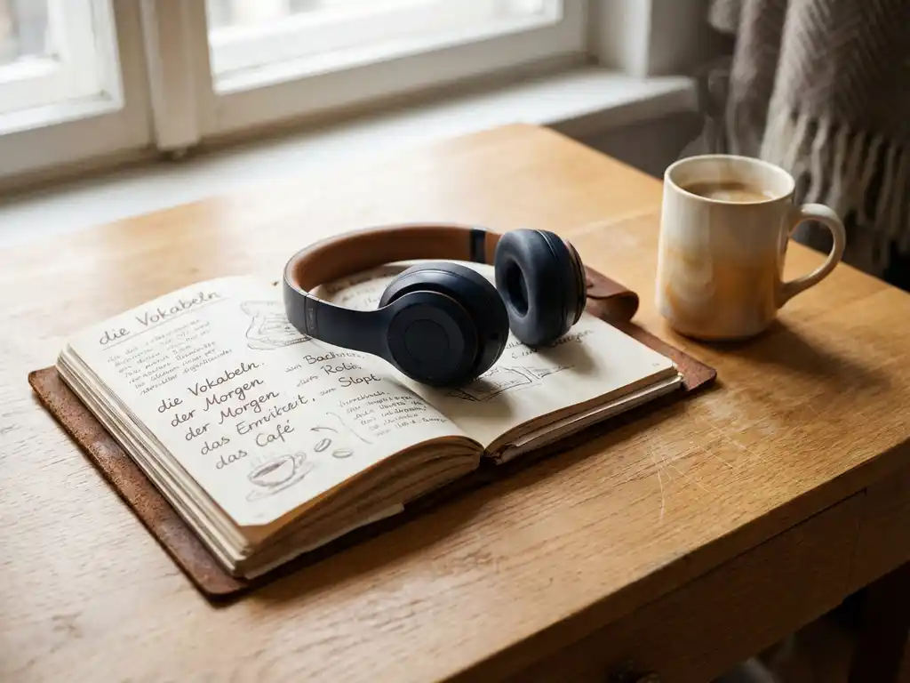Worn leather notebook with handwritten German vocabulary, headphones resting on pages beside a ceramic mug on a warm oak desk in soft morning light.