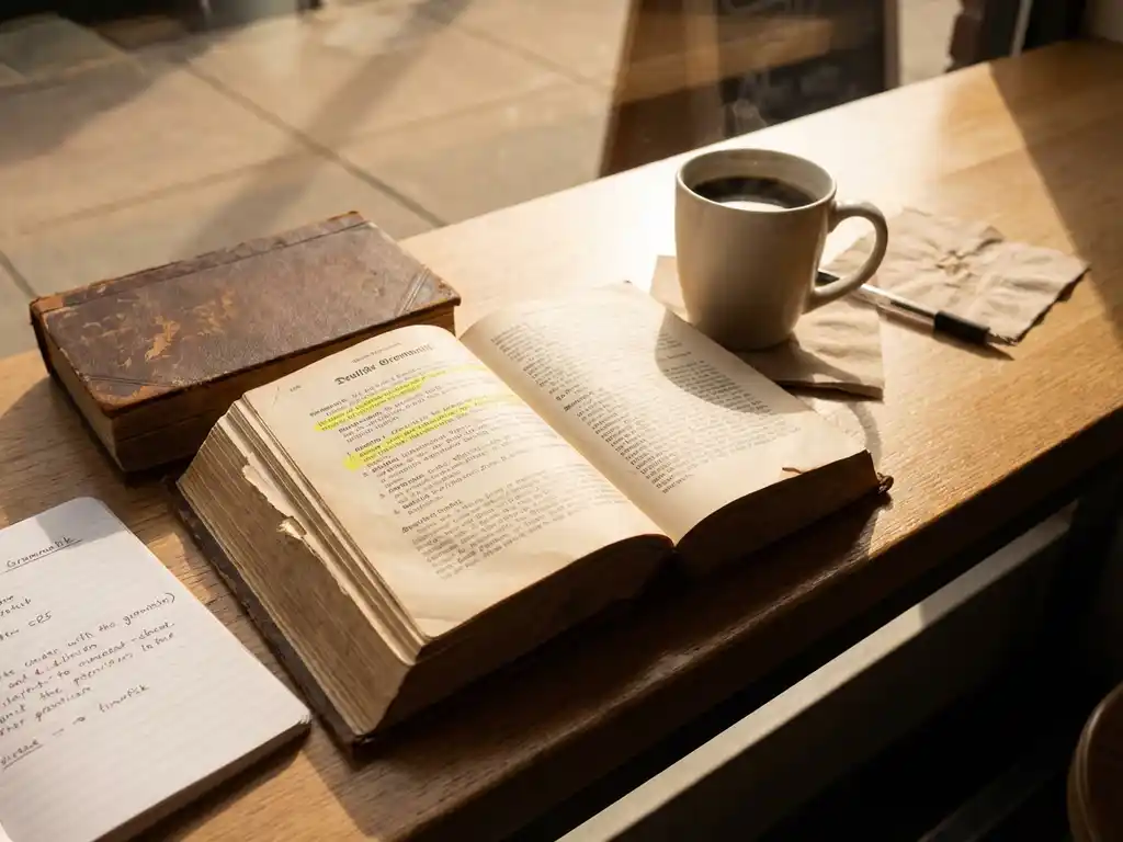 Worn leather-bound German dictionary open on a sunlit café table beside a steaming coffee cup, handwritten vocabulary notes and highlighted grammar page visible.