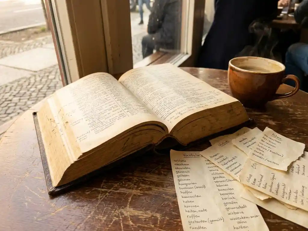 Worn leather-bound German dictionary open on a sunlit Berlin café table beside a steaming coffee cup and handwritten vocabulary notes.