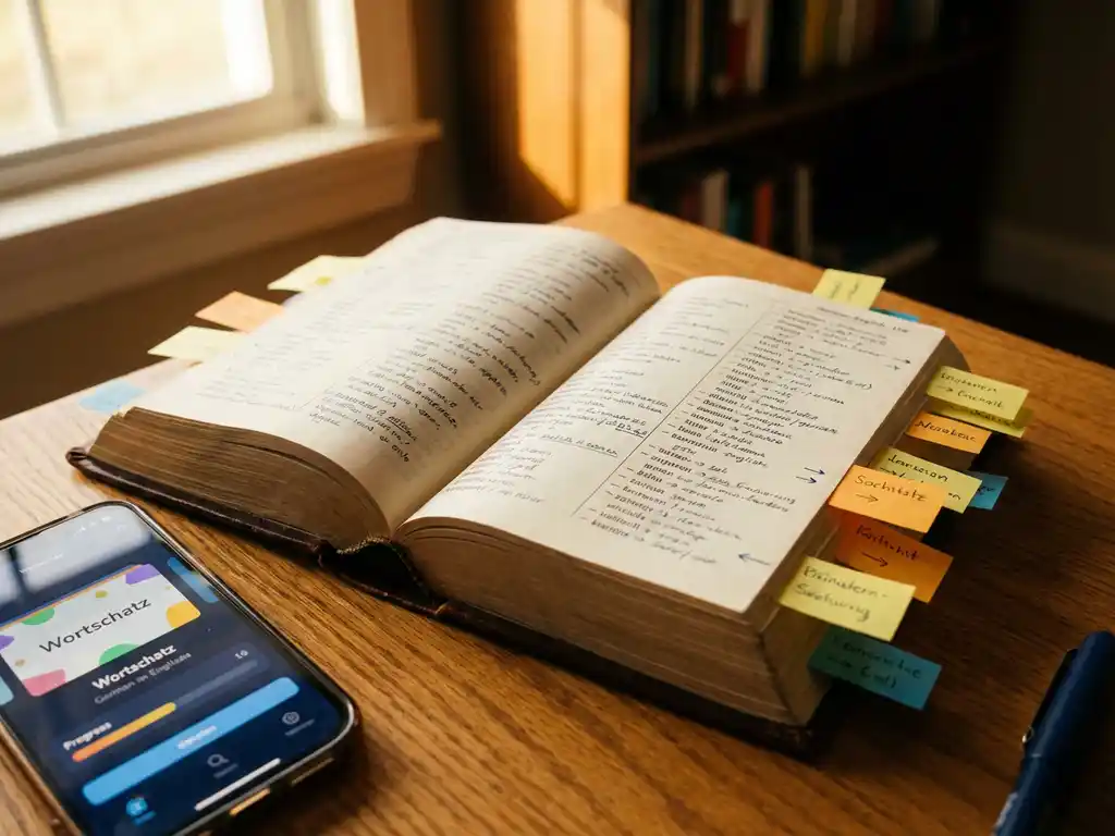 Worn leather-bound German dictionary open to handwritten vocabulary notes beside a smartphone language app, colorful sticky notes marking learning progression on an oak desk.