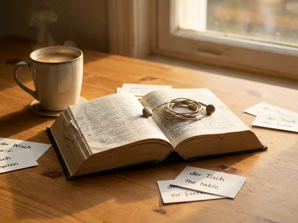 Open German-English dictionary on a wooden desk with steaming coffee, handwritten vocabulary flashcards, and earbuds in warm golden-hour light.