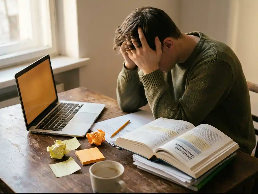 Frustrated student hunched over a desk with an open German grammar textbook, glowing laptop, and scattered sticky notes in warm afternoon light.