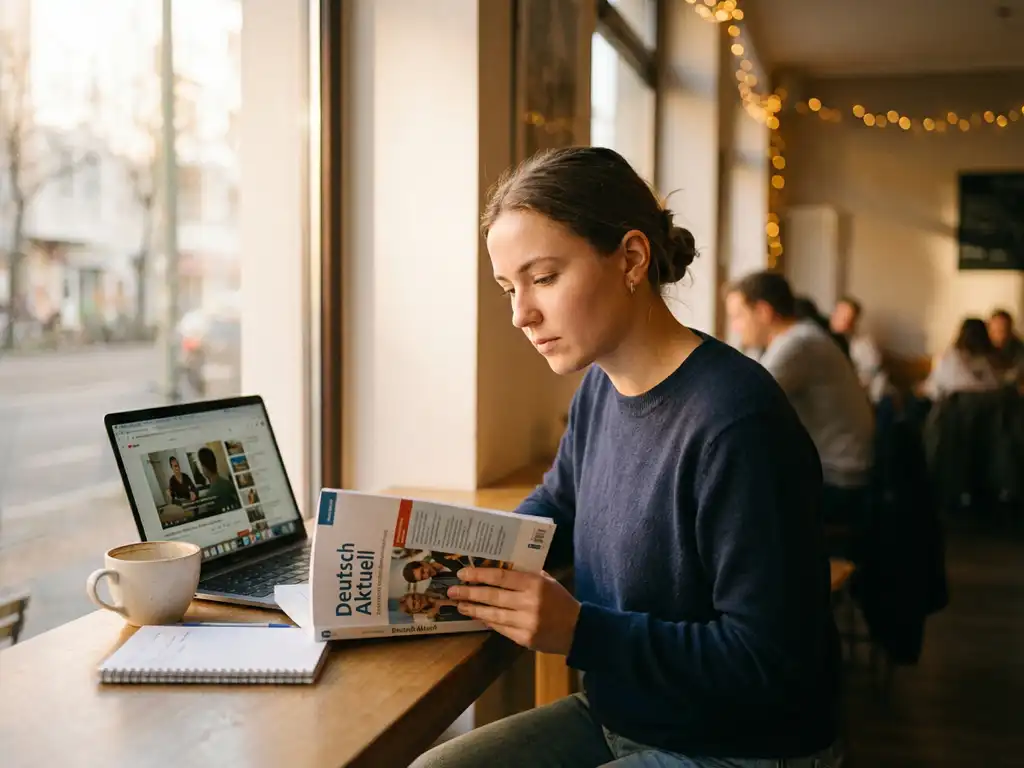 Young woman studying German at a café with an open textbook, laptop video lesson, and coffee in warm golden-hour light.