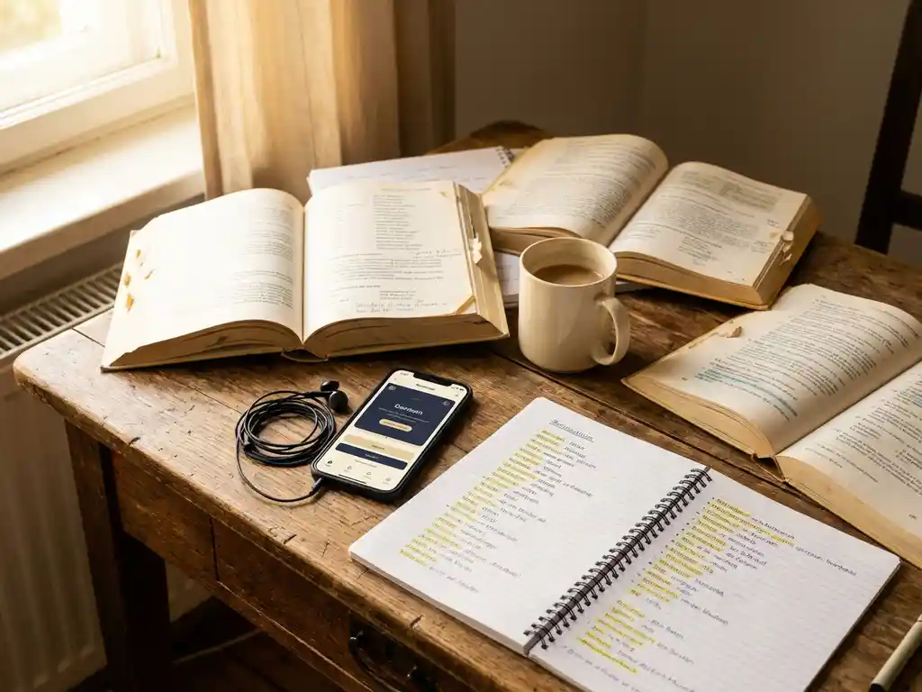 Worn wooden desk with open German textbooks, highlighted vocabulary notebook, earphones, smartphone with language app, and coffee mug in warm morning light.
