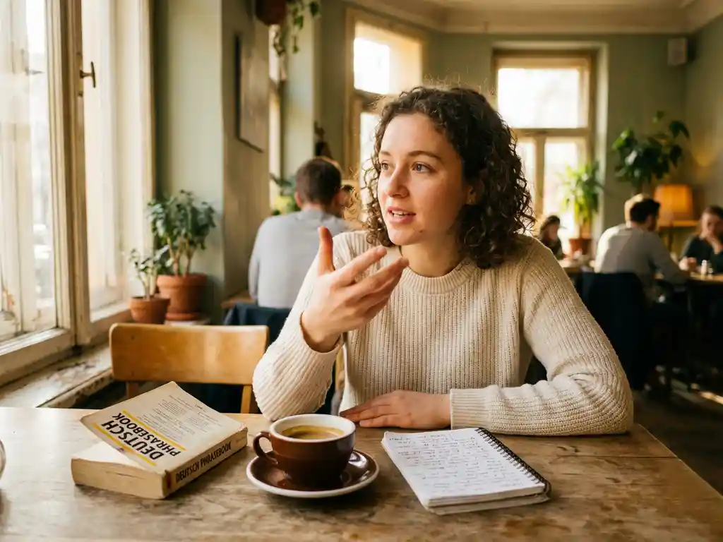 Young woman practicing German conversation at a sunlit café, open phrasebook and handwritten vocabulary notebook beside her espresso.