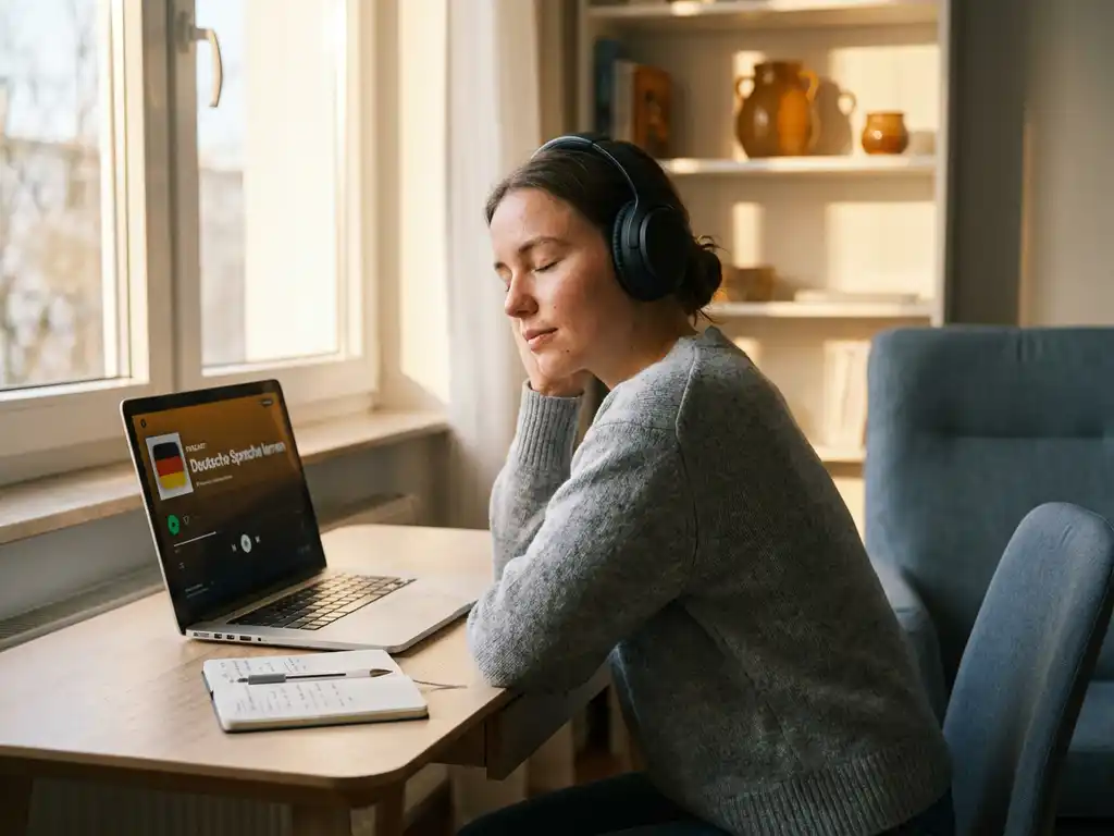 Young woman with headphones eyes closed listening to a German podcast on a laptop at a sunlit modern desk with notebook nearby.