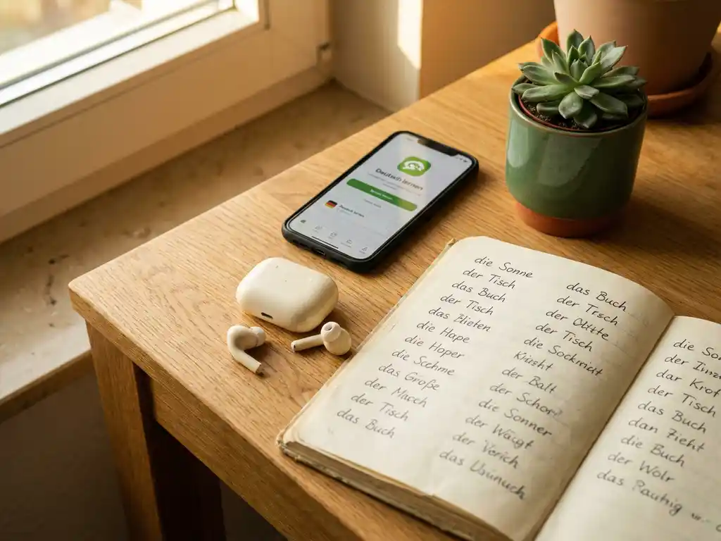 Wireless earbuds and smartphone with language app beside a handwritten German vocabulary notebook on a warm oak desk with a small succulent.