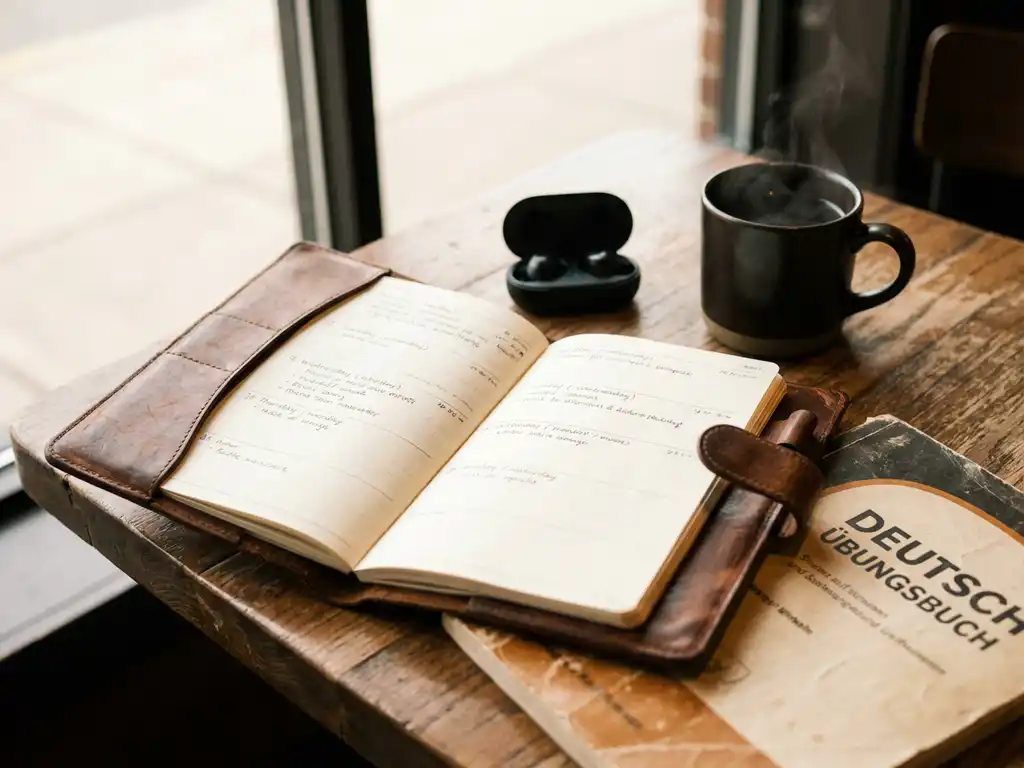 Worn leather weekly planner open on a café table beside steaming coffee and wireless earbuds, German workbook underneath in warm morning light.