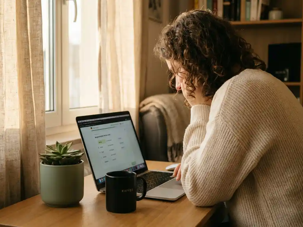 Person studying German on a laptop at a sunlit home desk with a coffee mug and small succulent nearby.