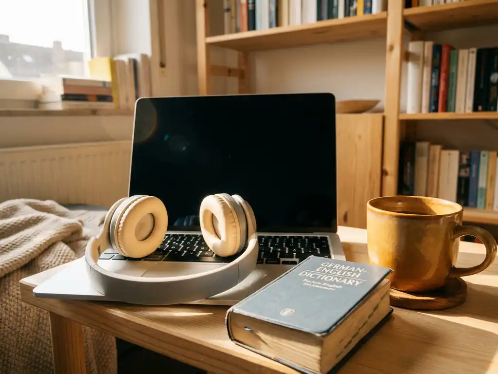 Wireless headphones on a laptop keyboard beside a German-English dictionary and ceramic coffee mug in warm morning light.