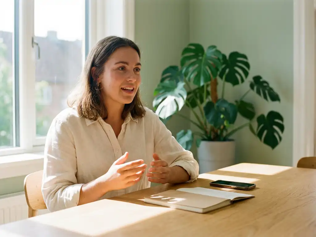 Young woman practicing speaking aloud at a sunny wooden desk with an open notebook and smartphone nearby, green plant softly blurred behind her.