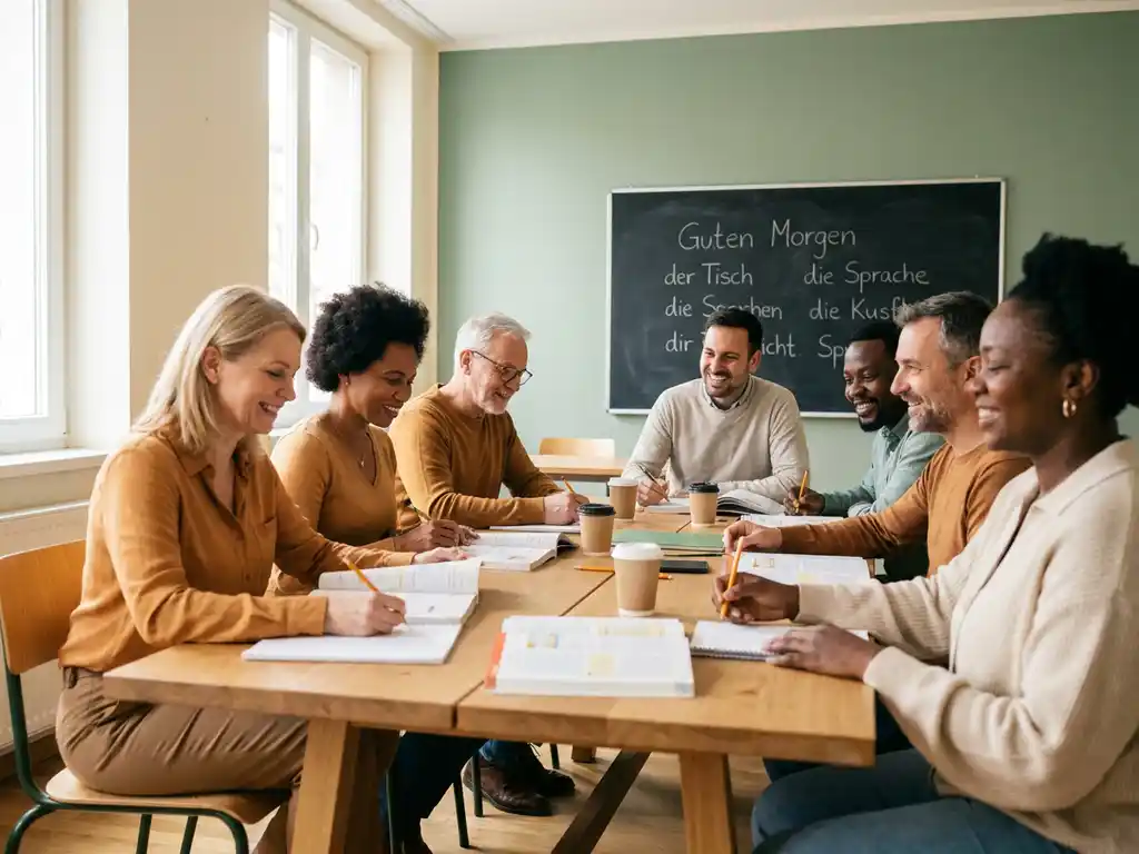 Diverse adult learners studying German together at a shared table, textbooks open, chalkboard with vocabulary visible in a sunlit modern classroom.