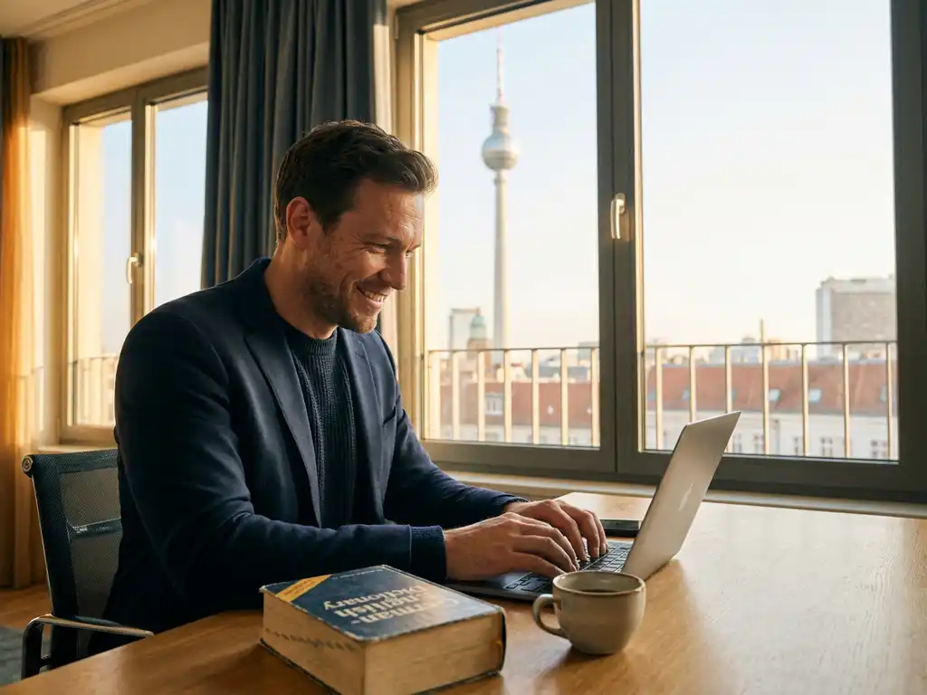 Professional working on laptop in modern Berlin office with city skyline view, German-English dictionary and coffee on desk, golden afternoon light.