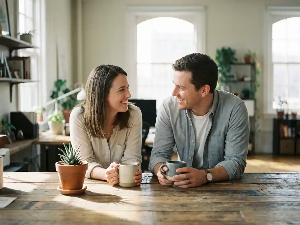 Two colleagues sharing a relaxed conversation over ceramic coffee mugs at a minimalist wooden office desk with a small succulent nearby.