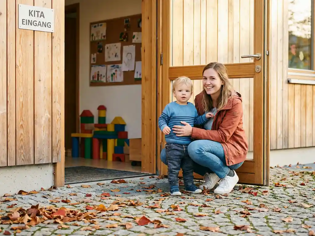 Expat mother crouching beside her young child at the entrance of a German Kita on an autumn morning.