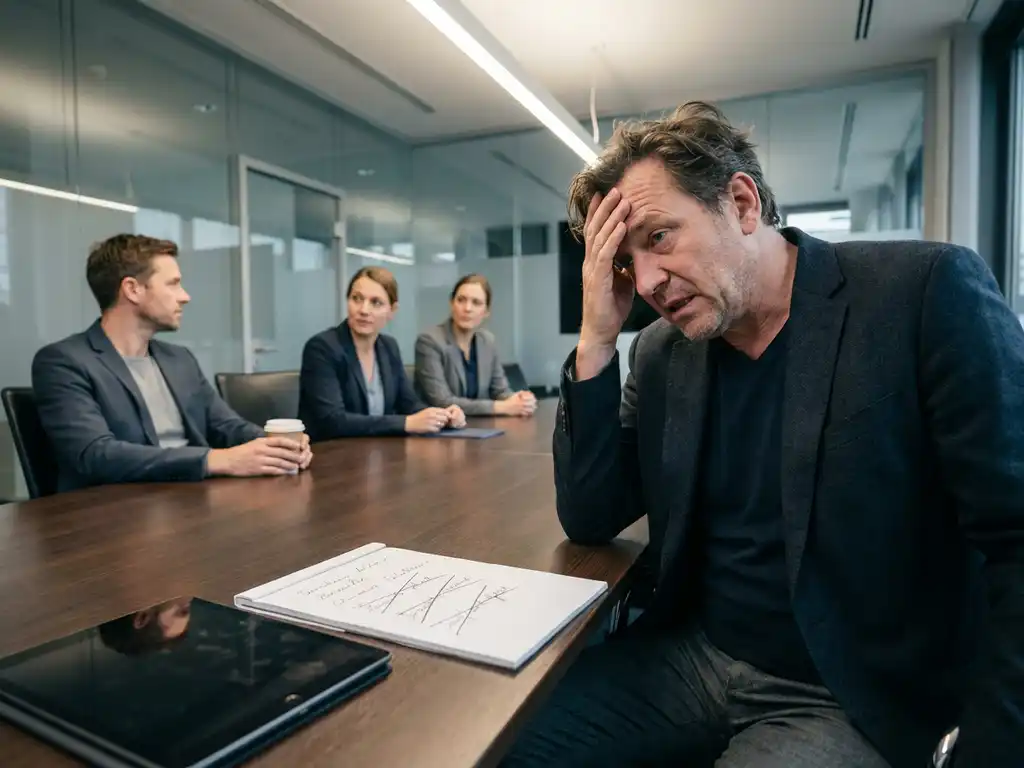 Frustrated expat professional pausing mid-sentence at a German office meeting table, colleagues exchanging uncertain glances, crossed-out notepad nearby.