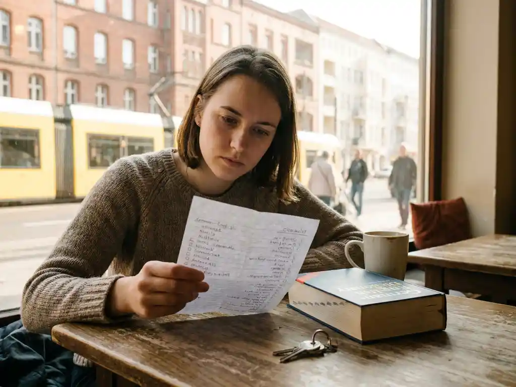 Young expat woman reviewing apartment checklist at Berlin café table with German-English dictionary and keys, sunlit street in background.