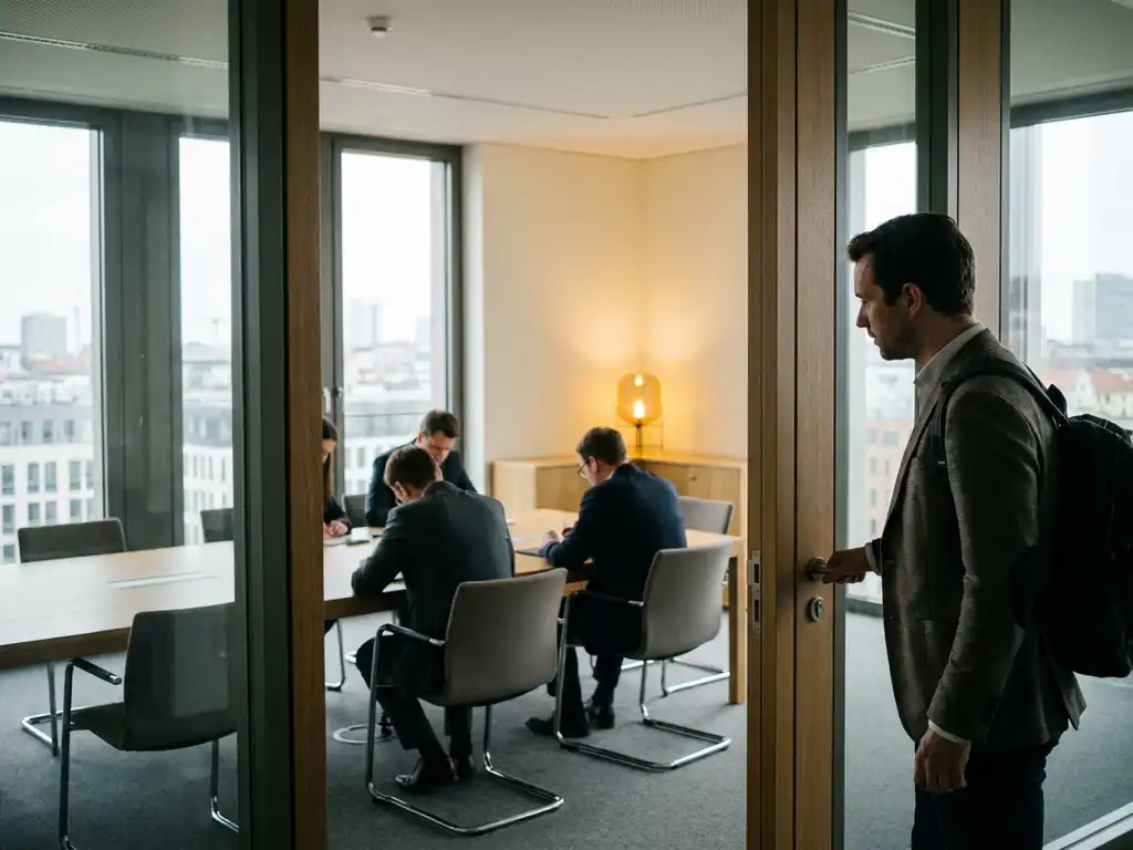 Foreign professional hesitating at a German office doorway while suited colleagues sit silently around a minimalist conference table.