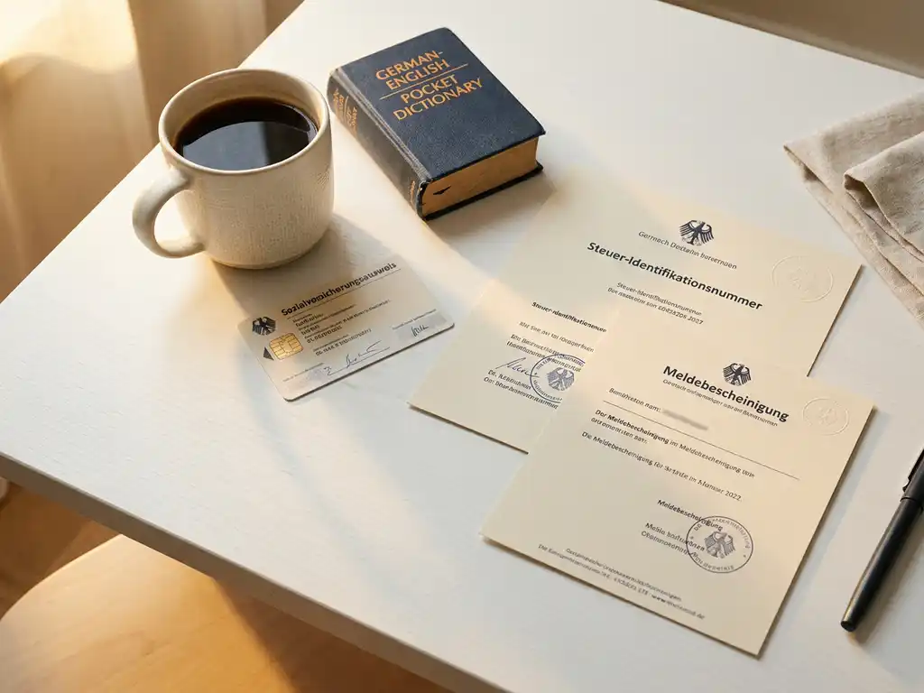 German bureaucratic documents including social security card, tax ID letter, and registration certificate arranged with coffee and a dictionary in warm morning light.