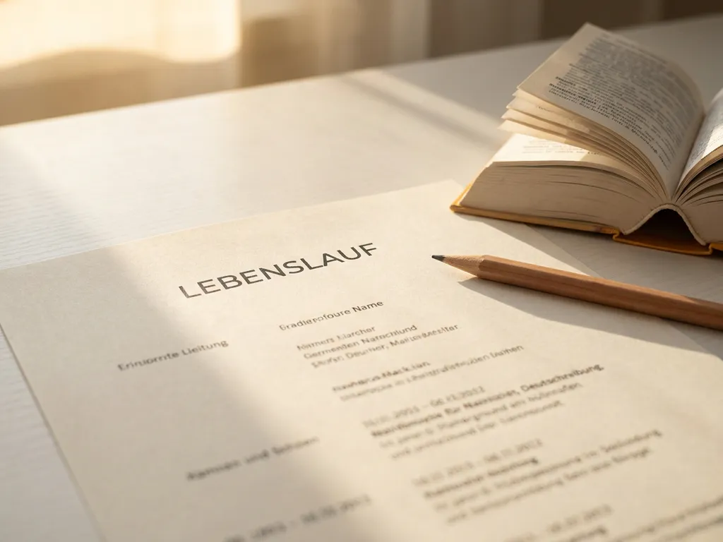 German CV on a white desk beside a pencil and open German dictionary, warm golden afternoon light casting soft shadows across the paper.