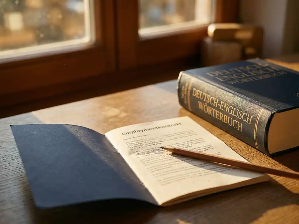 German employment contract open on wooden desk beside a German-English dictionary, pencil marking key paragraphs in warm afternoon light.