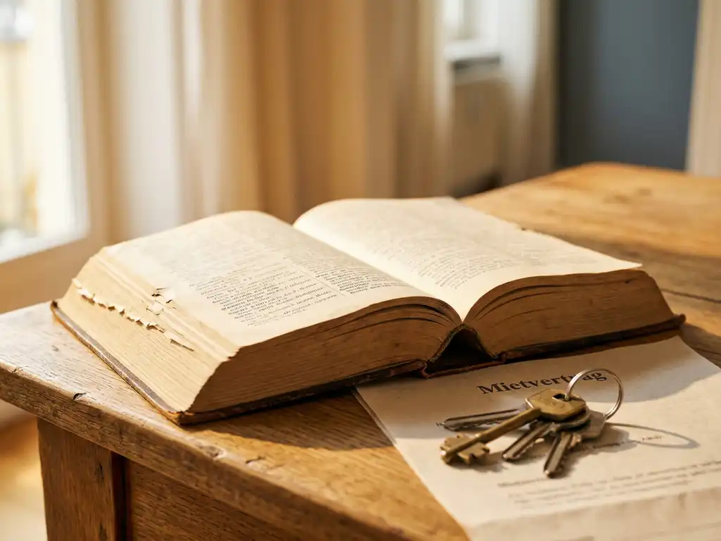Worn German-English dictionary open on a sunlit oak table beside apartment keys and a partially visible rental contract.