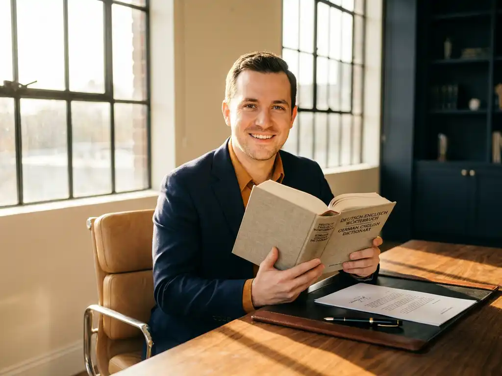 Professional holding open German-English dictionary at polished wood desk beside a signed contract and fountain pen, warm golden light.