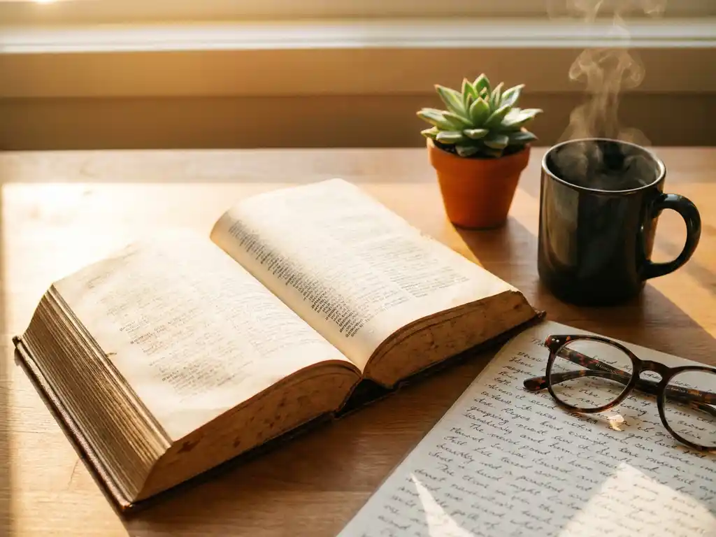 Worn leather German-English dictionary open on a sunlit wooden desk with coffee, succulent, and reading glasses on a handwritten notebook.