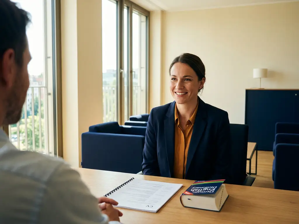 Confident professional in a job interview across a desk with a CV and German-English dictionary, bright modern office with natural light.