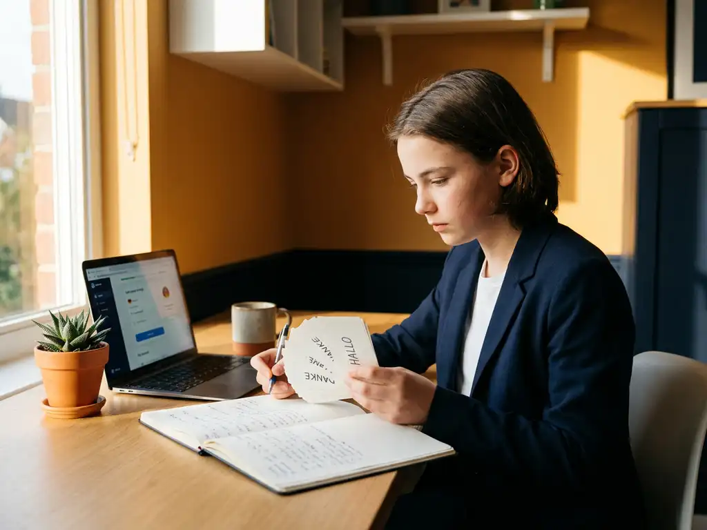 Young professional studying German flashcards at a modern desk with an open notebook, laptop, and potted plant in warm morning light.