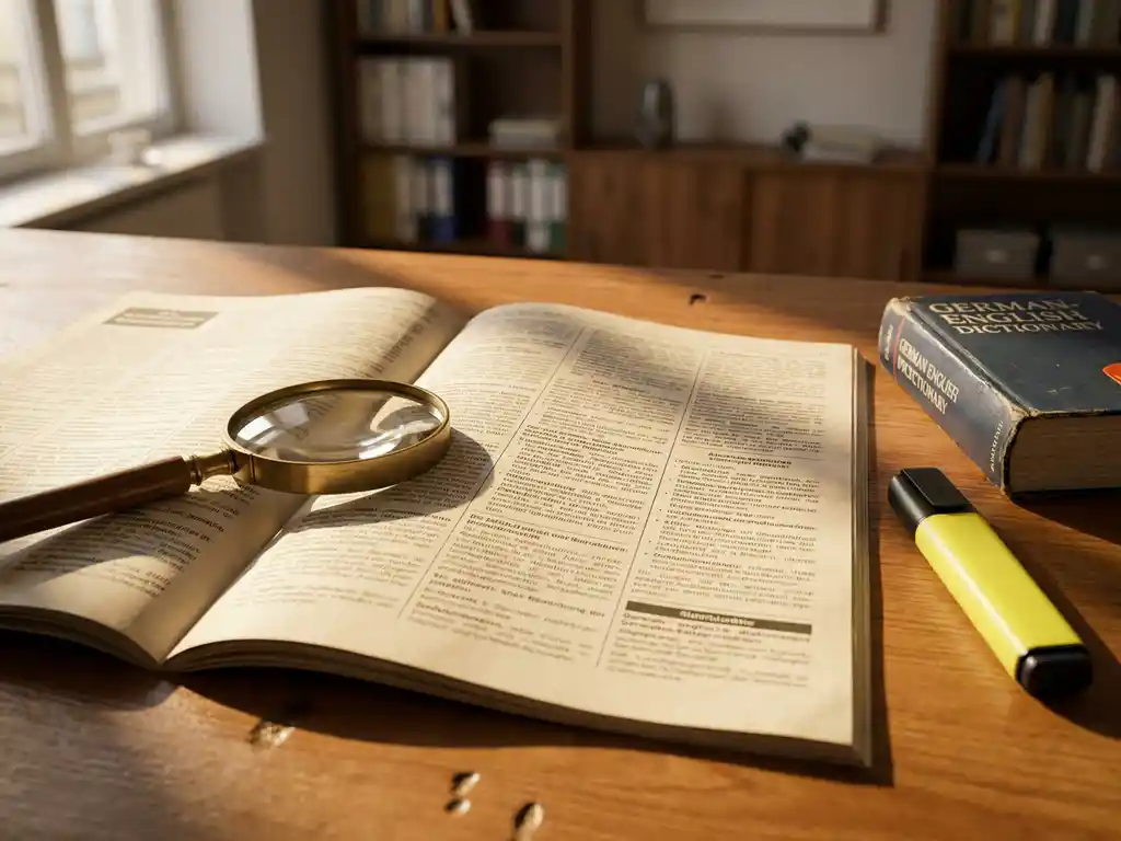 Printed German job advertisement on a wooden desk with a magnifying glass, pocket dictionary, and yellow highlighter in warm afternoon light.