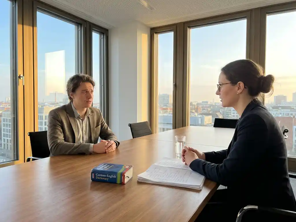 Non-native speaker in a German job interview across a conference table, with a German-English dictionary and handwritten notes nearby.