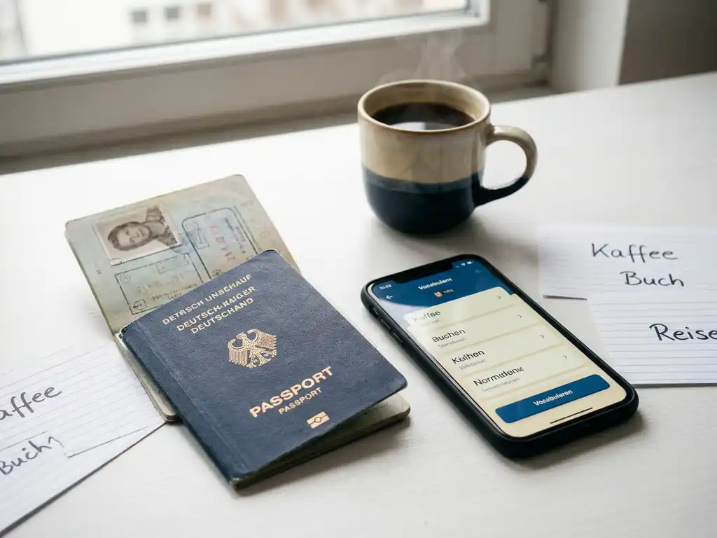 Open German passport and smartphone with language learning app beside coffee and handwritten German vocabulary flashcards on a white desk.