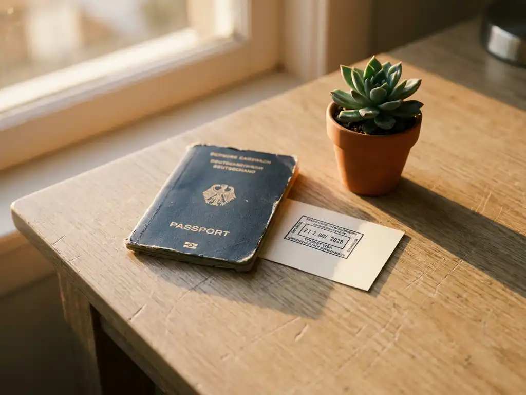 Worn German passport and tourist visa stamp on a wooden desk beside a small succulent in warm afternoon light.