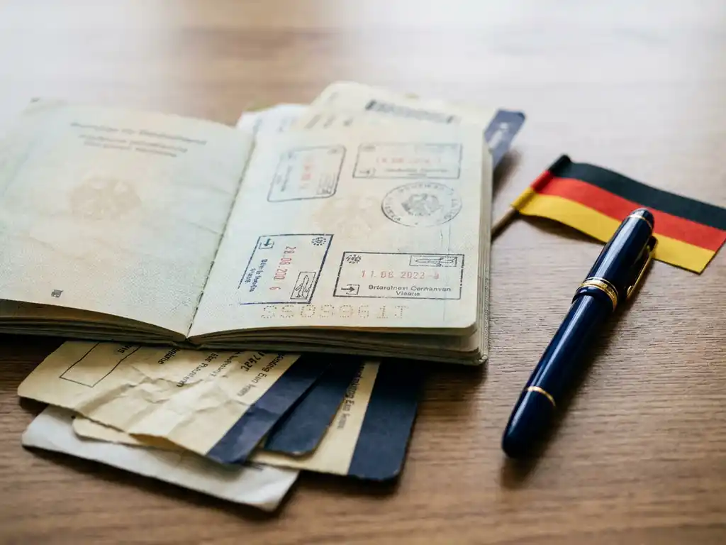 Worn German passport open to visa stamp page beside a polished pen and small German flag on a wooden desk.