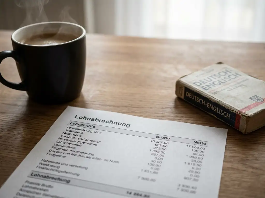 German payslip document on a wooden desk beside a steaming coffee cup and a German-English dictionary in soft morning light.