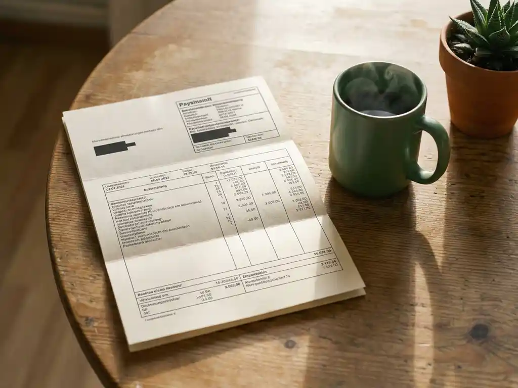 German payslip document on a wooden desk beside a steaming coffee mug and small succulent in warm morning light.