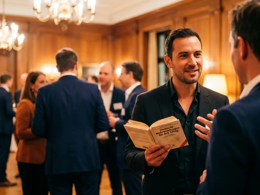 Professional holding an open German phrasebook while networking at an elegant conference venue with warm amber lighting.