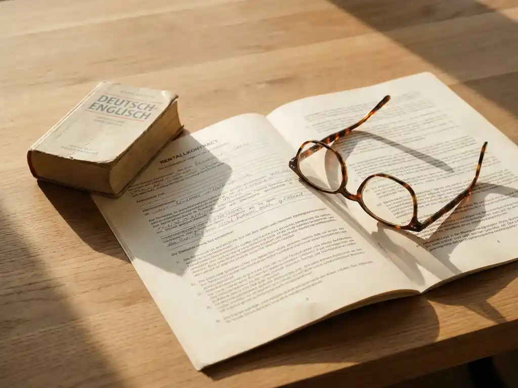 German rental contract open on wooden desk with reading glasses and German-English dictionary in warm afternoon light.