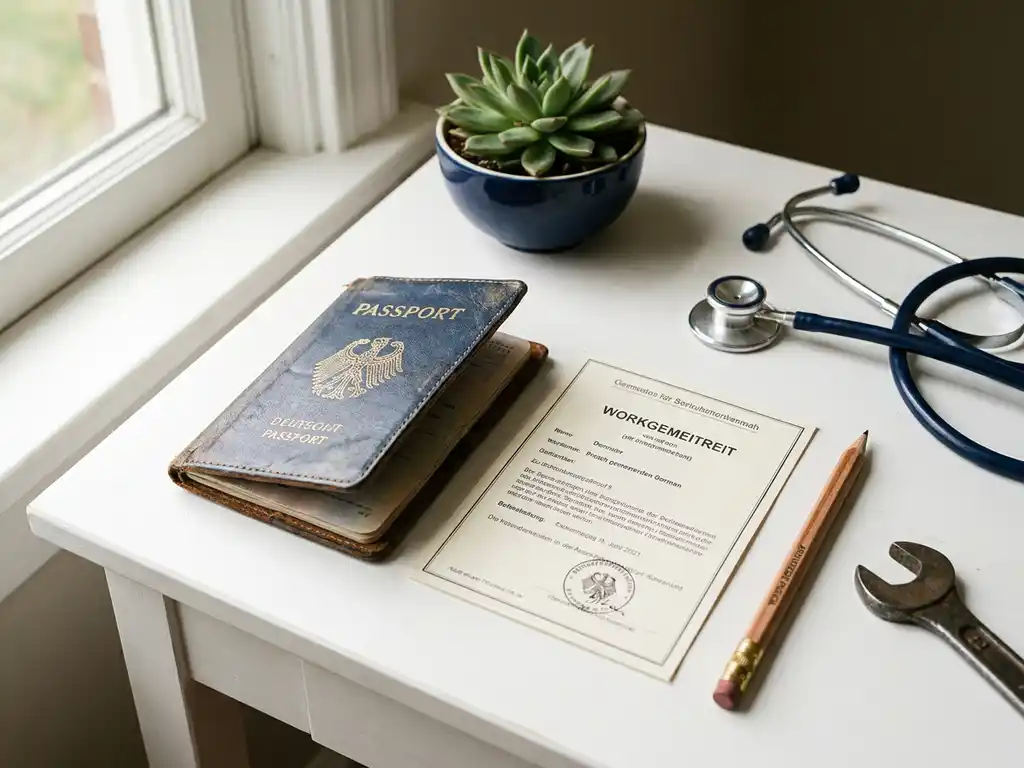 Worn leather passport open beside a German work permit on a white desk, with a stethoscope, architect's pencil, and wrench nearby.