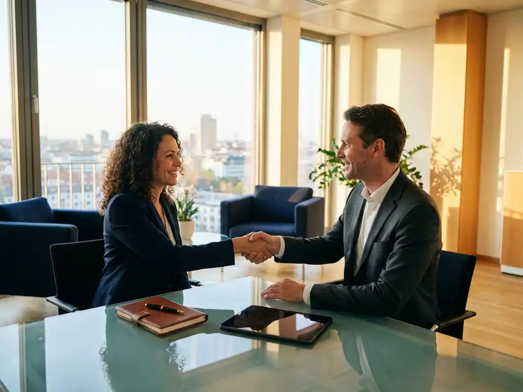 International professional shaking hands with a German hiring manager at a glass desk in a sunlit Munich corporate office.