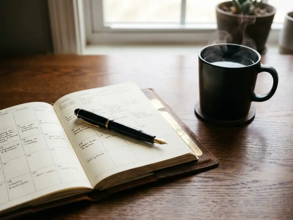 Leather-bound weekly planner open on a dark oak desk with a fountain pen, steaming ceramic coffee cup, and warm morning light.