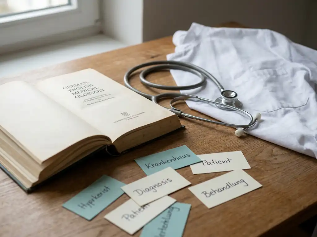 German-English medical glossary open on a desk beside a stethoscope, folded white coat, and healthcare vocabulary flashcards in soft natural light.