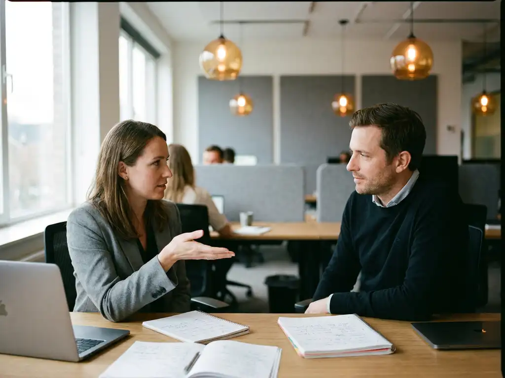 Two professionals having a focused discussion across a shared desk with language notebooks and a laptop in a modern open-plan office.