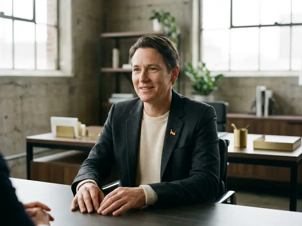 Professional wearing a German flag lapel pin seated at a modern Berlin office desk during a calm conversation, bathed in soft natural light.