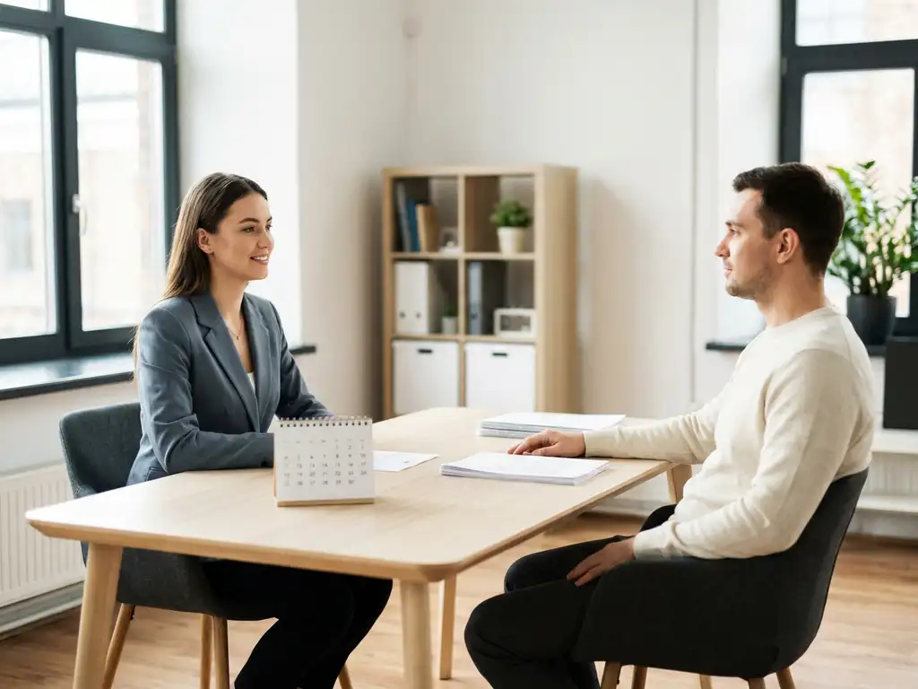 Young professional in a blazer interviewing with a calm recruiter at a minimalist German office desk with stacked documents and a calendar.