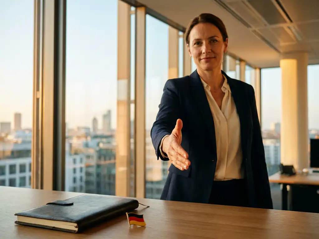 Professional woman offering a handshake in a sunlit modern German office, with a leather notebook and German flag pin on the desk.
