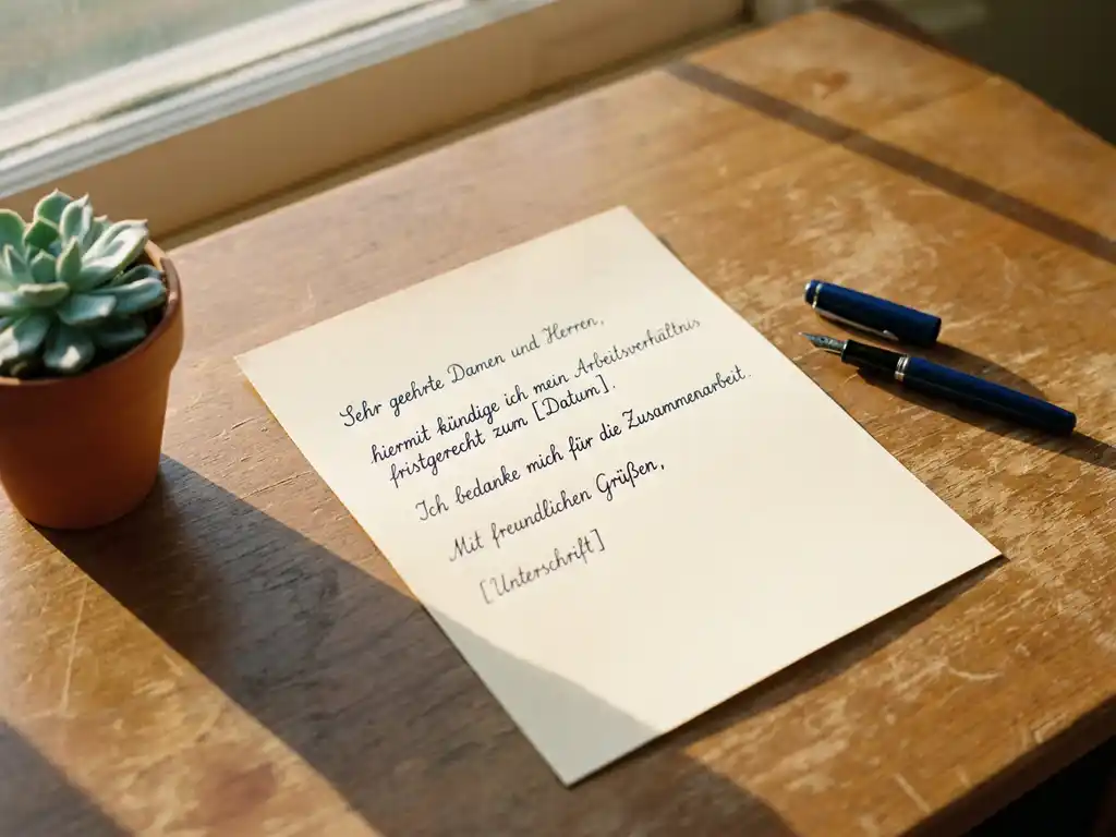 Handwritten German resignation letter on a wooden desk beside a potted succulent and uncapped fountain pen in warm afternoon light.