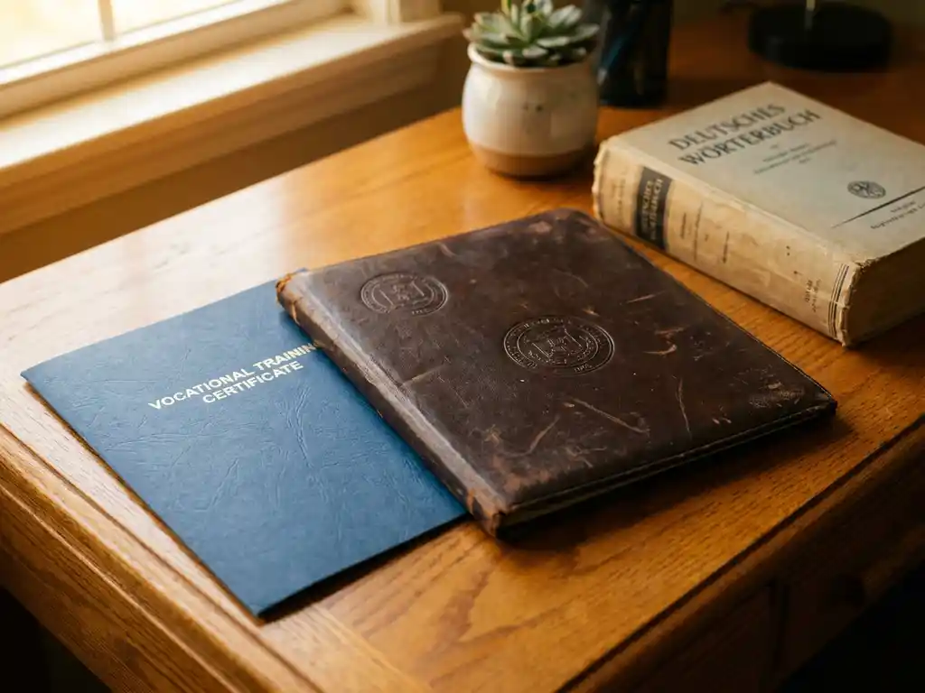 Worn leather university diploma and blue vocational certificate side by side on oak desk with German dictionary and potted plant in warm afternoon light.
