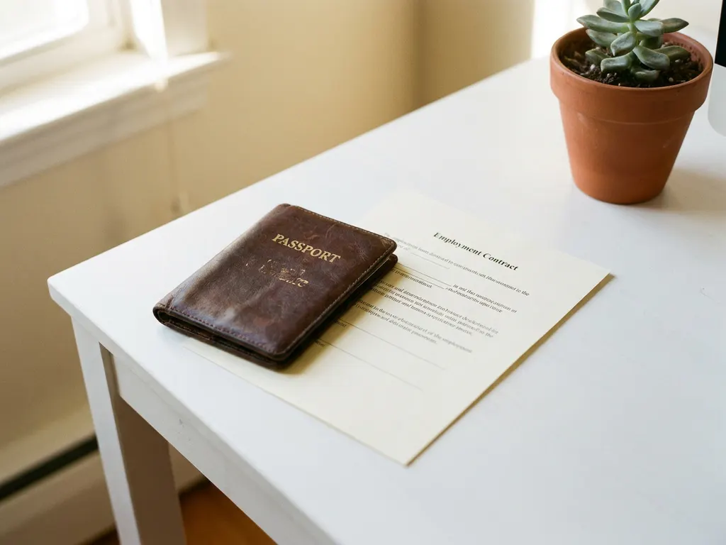 Worn leather passport beside a signed employment contract on a white desk, with a small succulent in soft morning light.